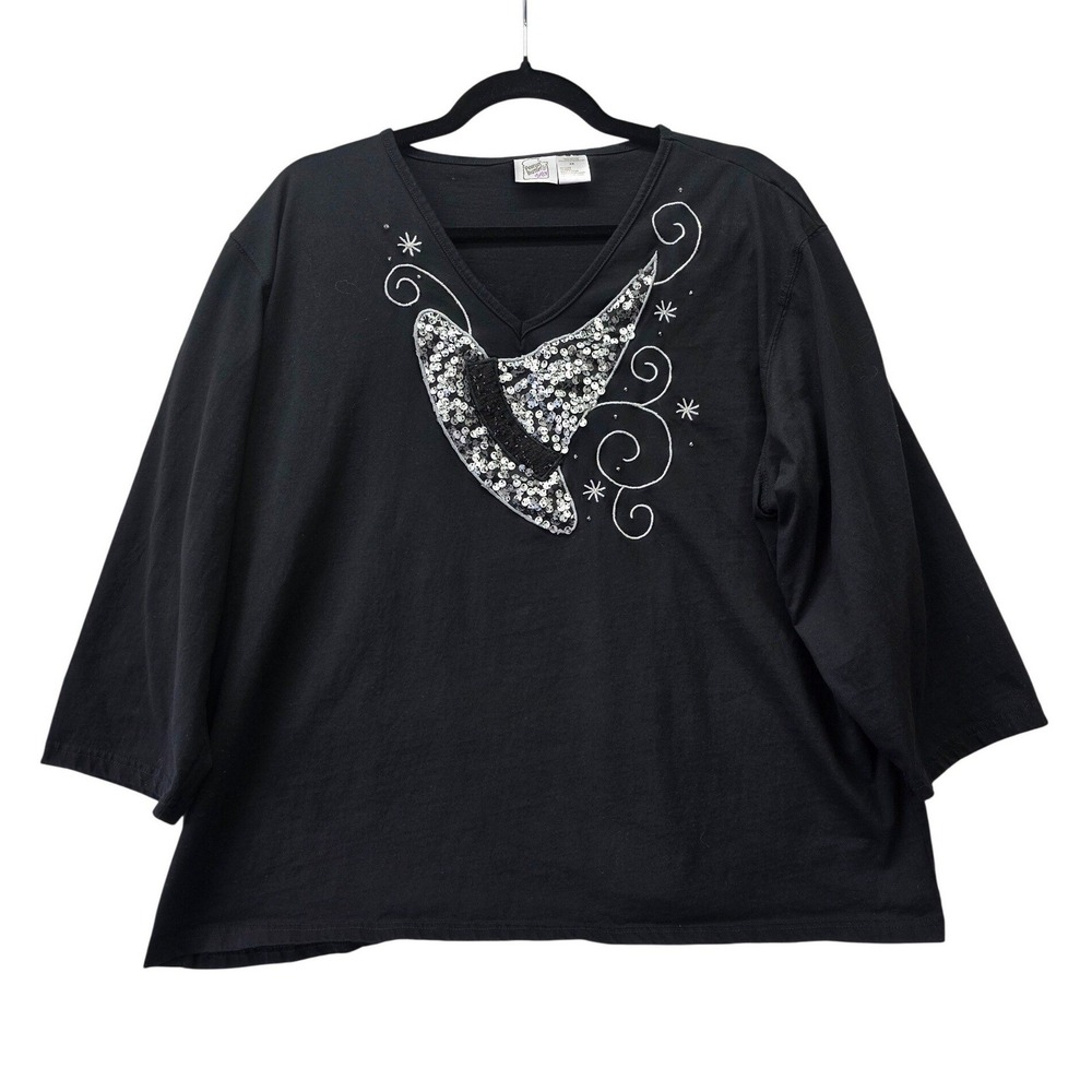 Peanut Butter & Jelly Womens 2X Black Halloween Witch Hat Sequin V-Neck Top